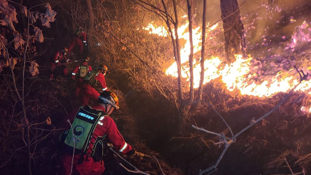 韓國東部地區楊口發生山火 滅火工作正在進行中