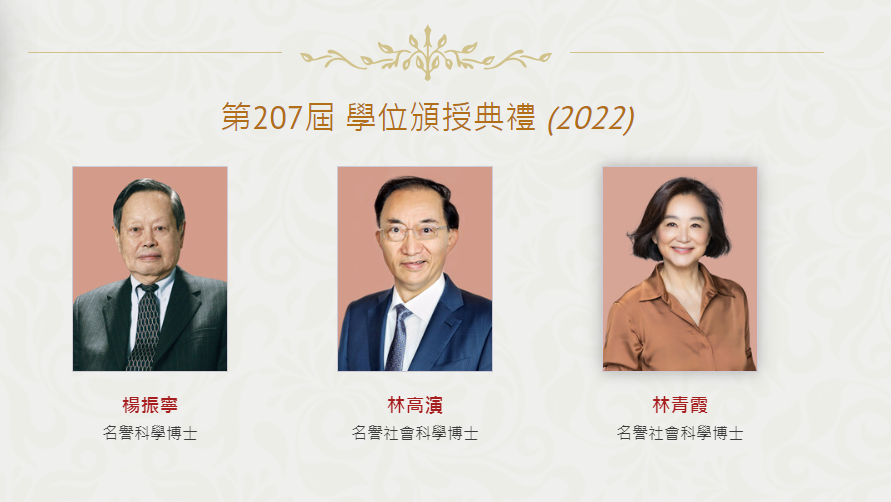 香港大學授予3位傑出人士名譽博士學位 包括楊振寧林青霞