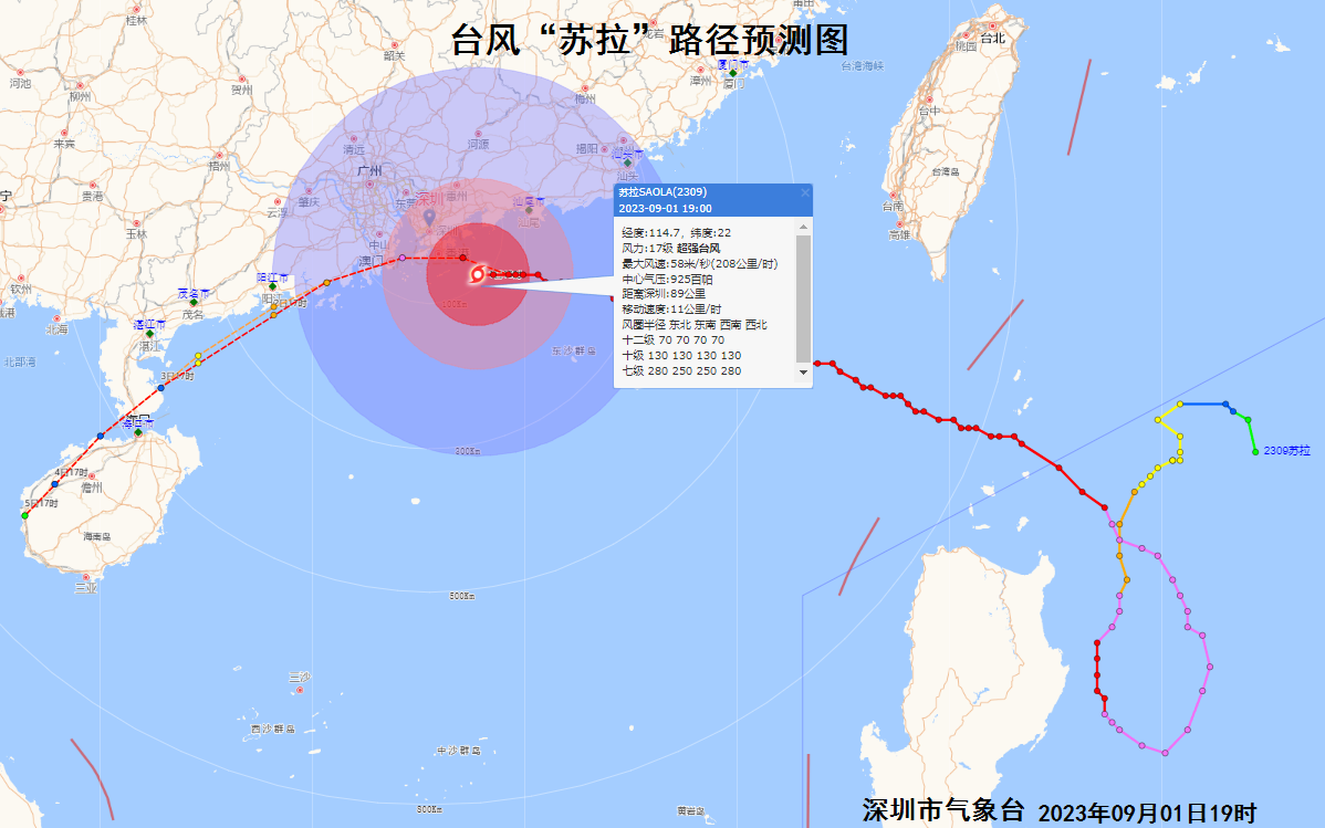 最新路徑顯示：颱風「蘇拉」趨向香港及其南側近海