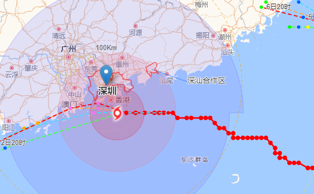 1日20時颱風「蘇拉」距離深圳75公里 預計將在香港南側海面近距離移過