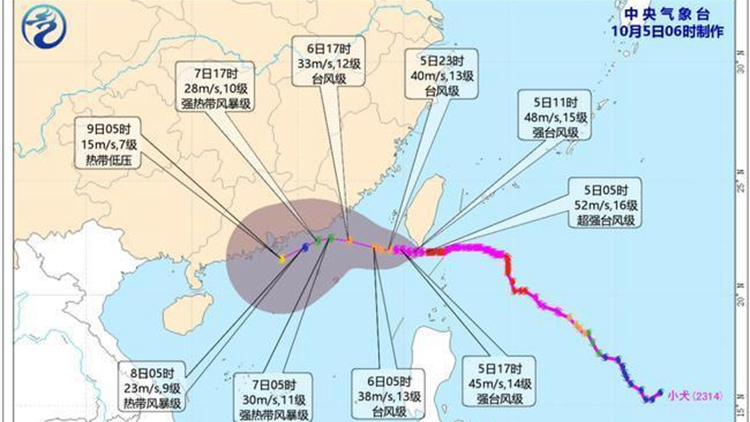 中央氣象台發布颱風黃色預警 「小犬」將登陸或擦過台灣東南部沿海